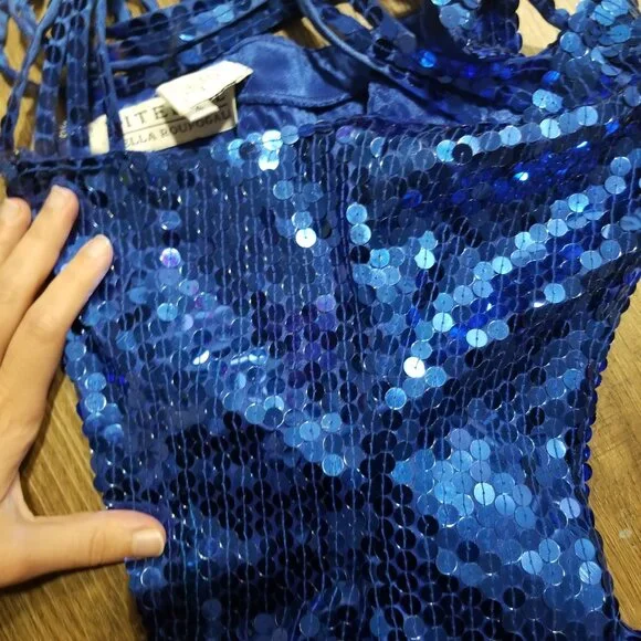 Sz 4 (fits modern size) Early 90s Vintage Niteline Royal Blue Sequin Gown Dress - Picture 6 of 12